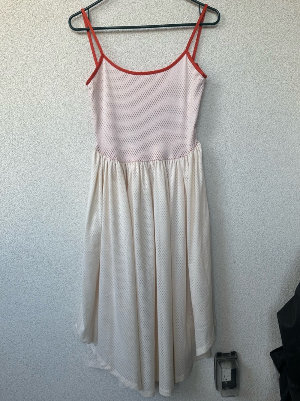 Kurt Lyle Mesh Mini Dress XS Cream Red Trim Asymmetric Hem EUC